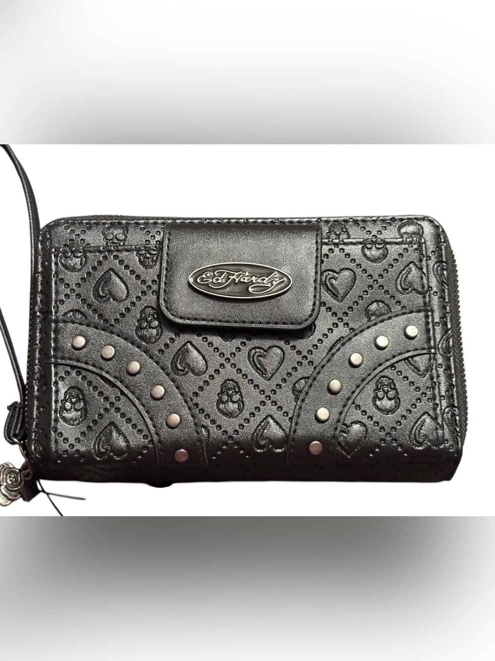 NWT• Ed Hardy Black Skull Embossed Studded Wallet/Wristlet